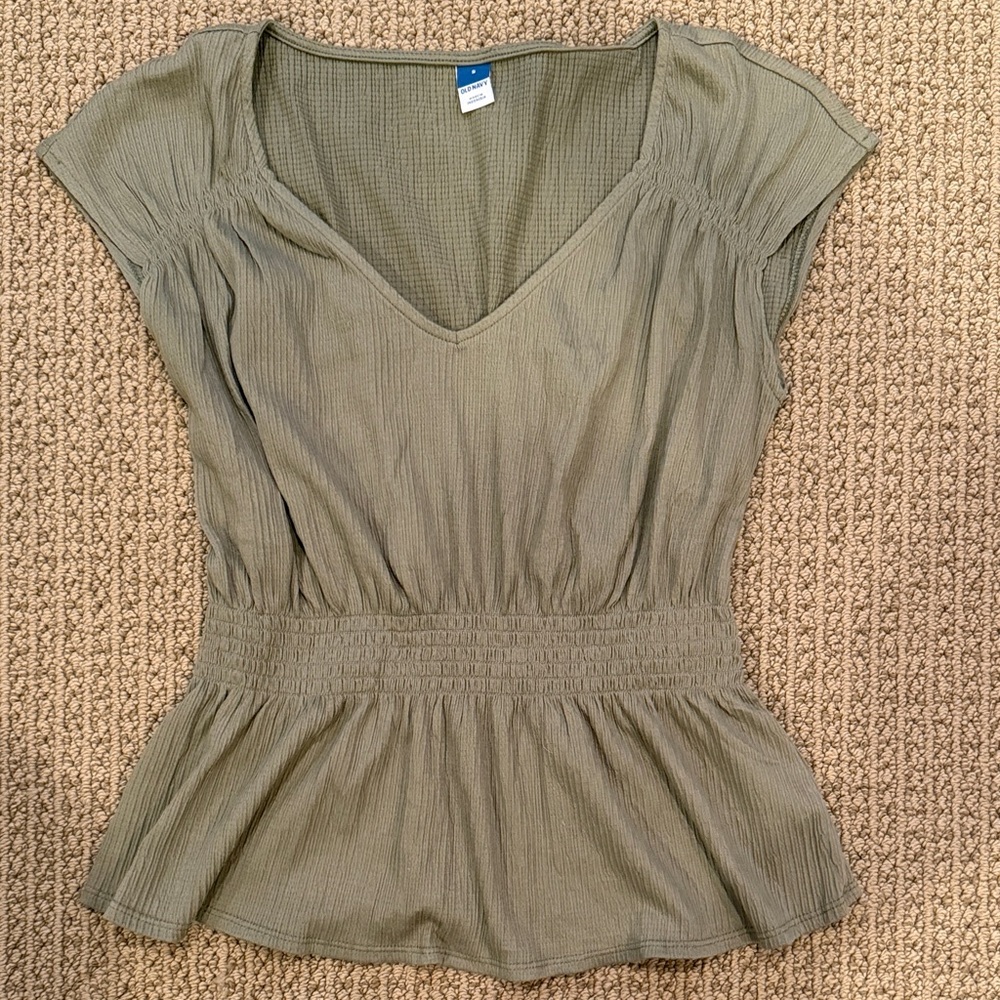 Women's Sage Green Smocked Waist V-Neck Top
